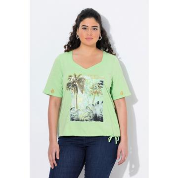 T-shirt con coulisse, palme, scollo a cuore e mezze maniche