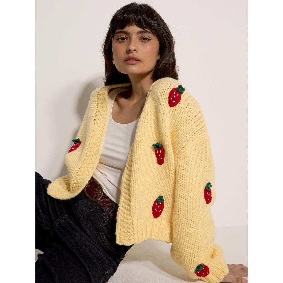 APRICOT Cardigan Maglia Grossa Motivo Fragole  