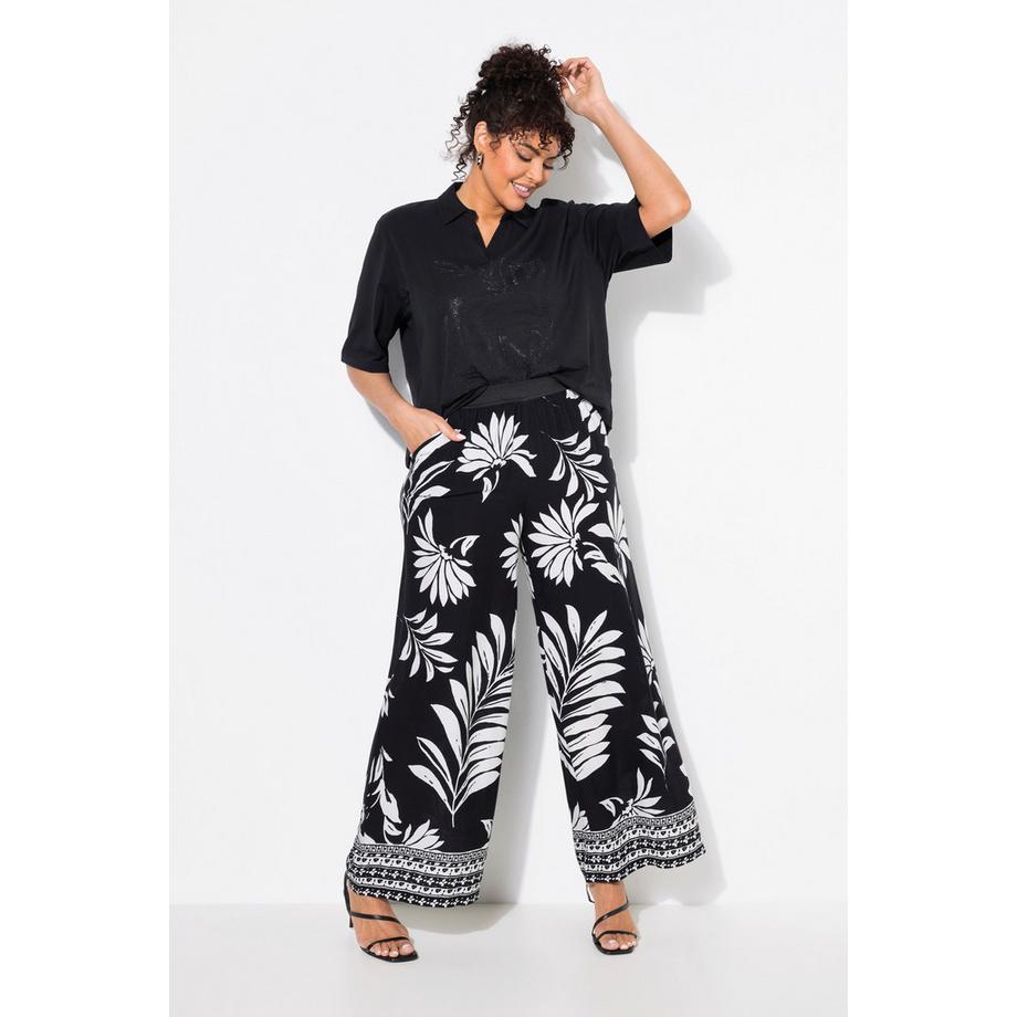 Ulla Popken Pantaloni Fiori Taglio Gamba Dritto Largo Cintura Elastica  