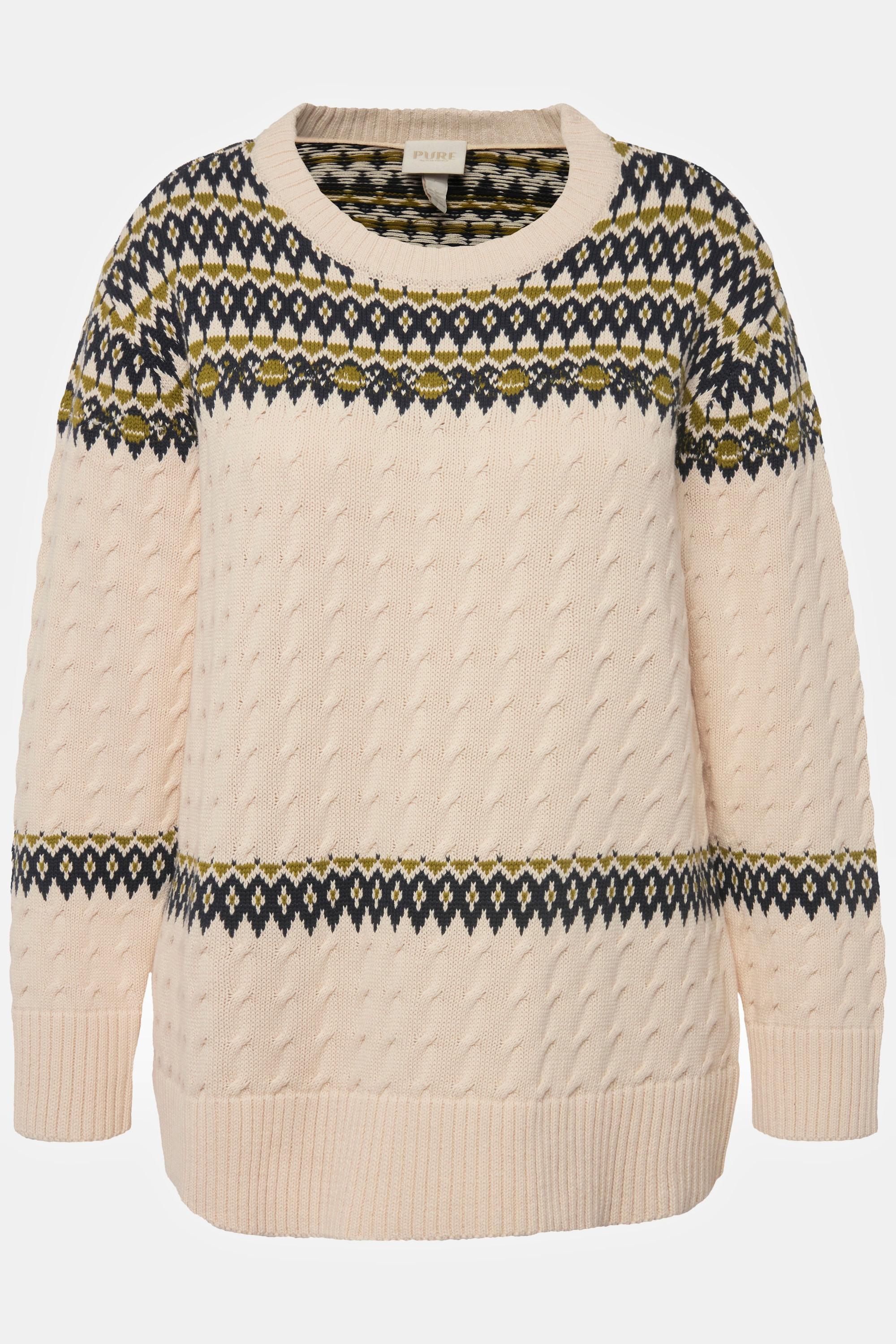 Ulla Popken  Pullover, Fair Isle, Rundhals, Langarm, Biobaumwolle 