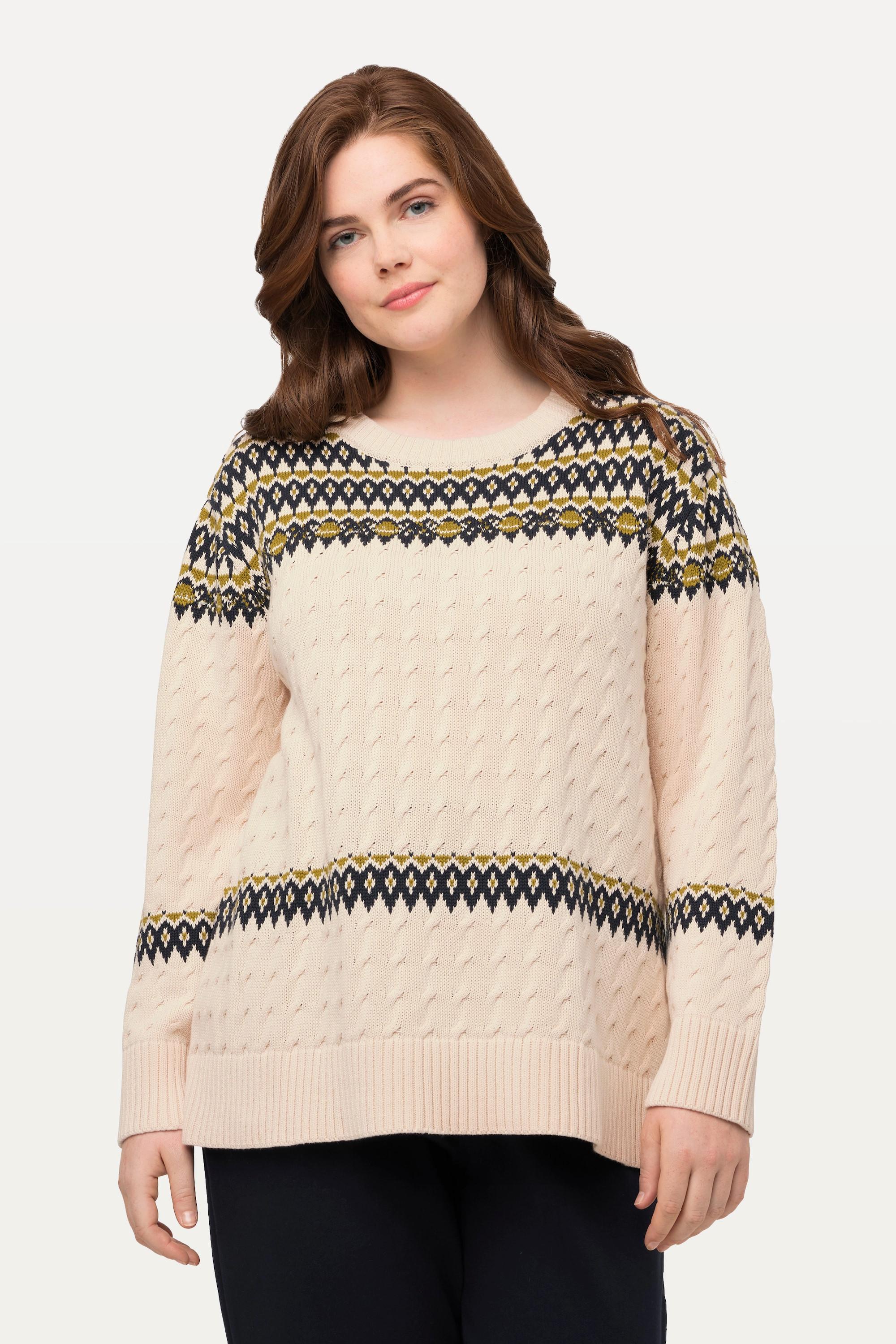 Ulla Popken  Pull à col rond et manches longues en coton bio, motif Fair Isle 