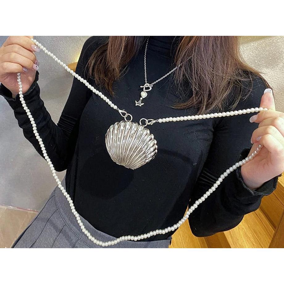 Only-bags.store Designer Metall Muschel Mini Lippenstift Tasche Perlenkette Crossbody Tasche  