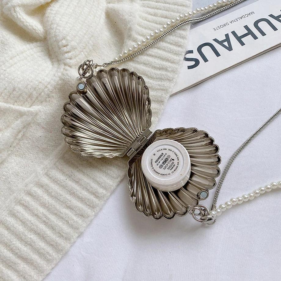 Only-bags.store Designer Metall Muschel Mini Lippenstift Tasche Perlenkette Crossbody Tasche  