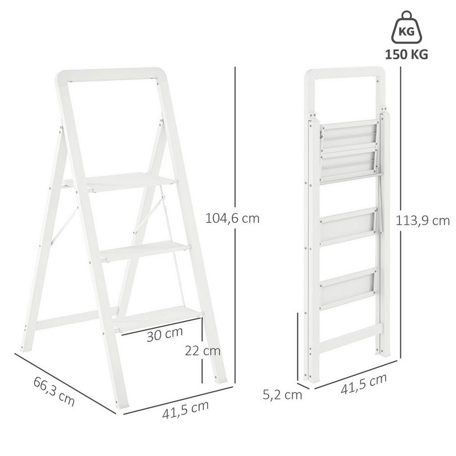 Northio  Trittleiter Stehleiter mit 3 Stufen Anti-Rutsch Klapptritt mit Griff bis 150 kg Belastbar Leichtbau Aluminum-Leiter 66,3 x 41,5 x 104,6 cm Weiß | 