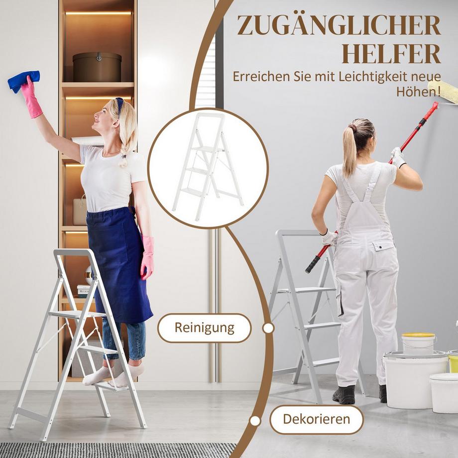 Northio  Trittleiter Stehleiter mit 3 Stufen Anti-Rutsch Klapptritt mit Griff bis 150 kg Belastbar Leichtbau Aluminum-Leiter 66,3 x 41,5 x 104,6 cm Weiß | 