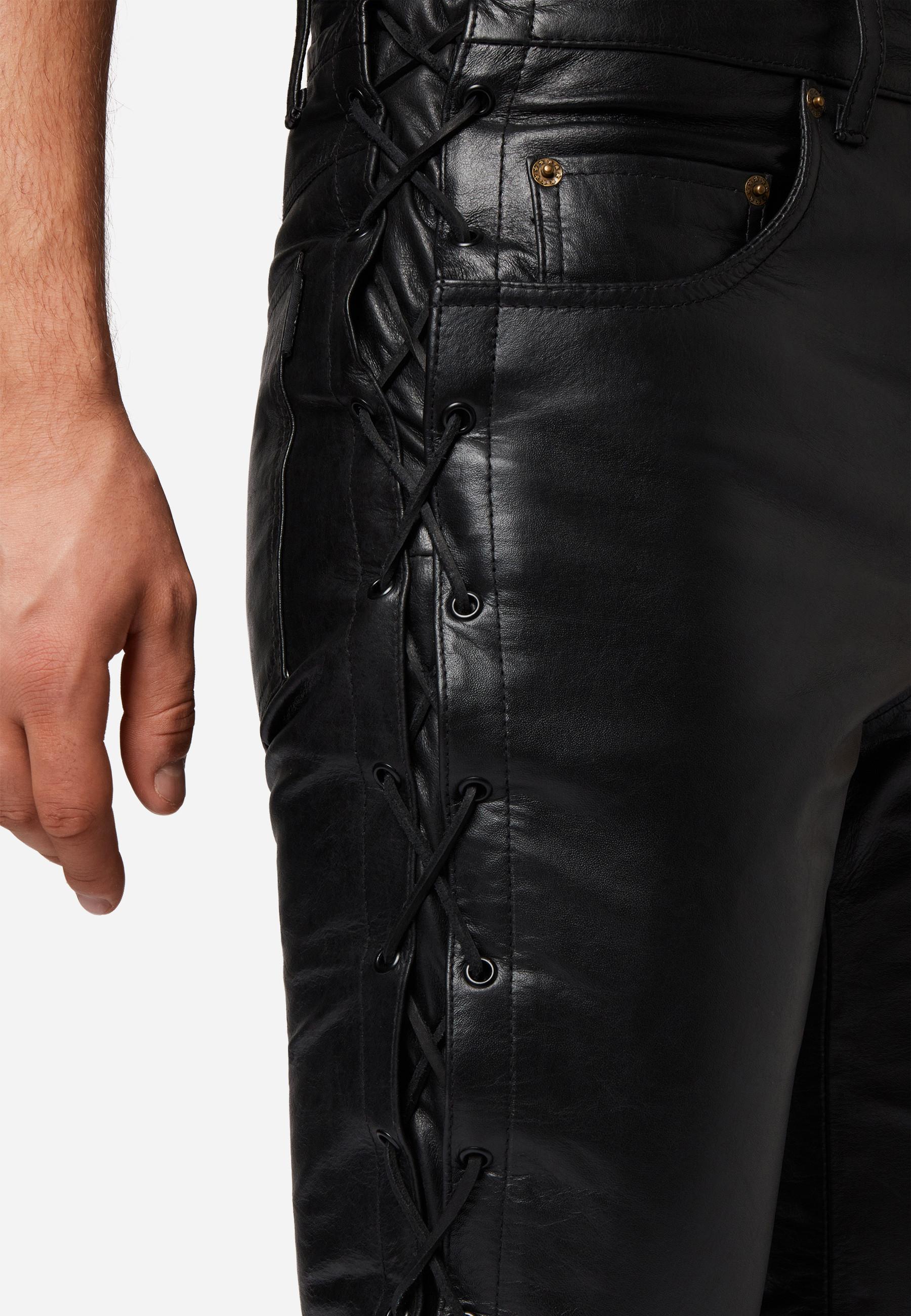 RICANO  Pantalon en cuir pour hommes S/L Jeans Büffel Nappa, de style motard et de style à cinq poches avec lacets. 