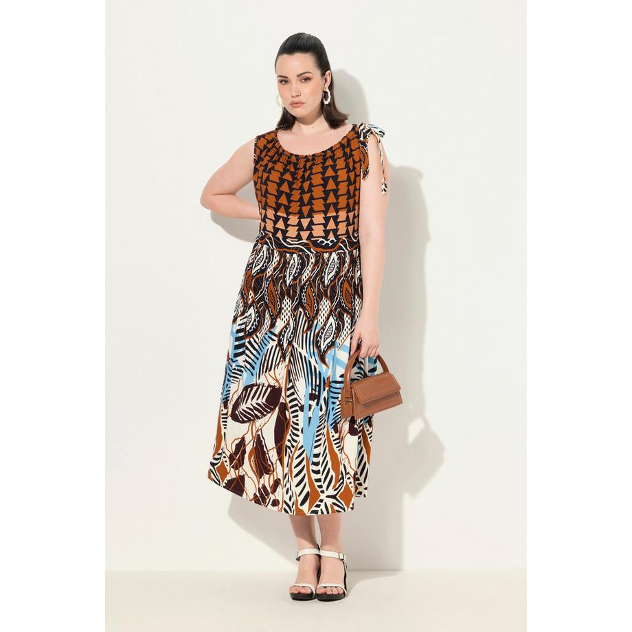 Ulla Popken Jerseykleid geraffter Ausschnitt Rundhals ärmellos  