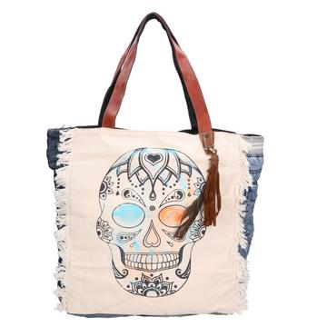Shultertasche Genuine leather + jeans and canvas women's shoulder tote bag. Product entirely built with recovery and/or recycled materials.