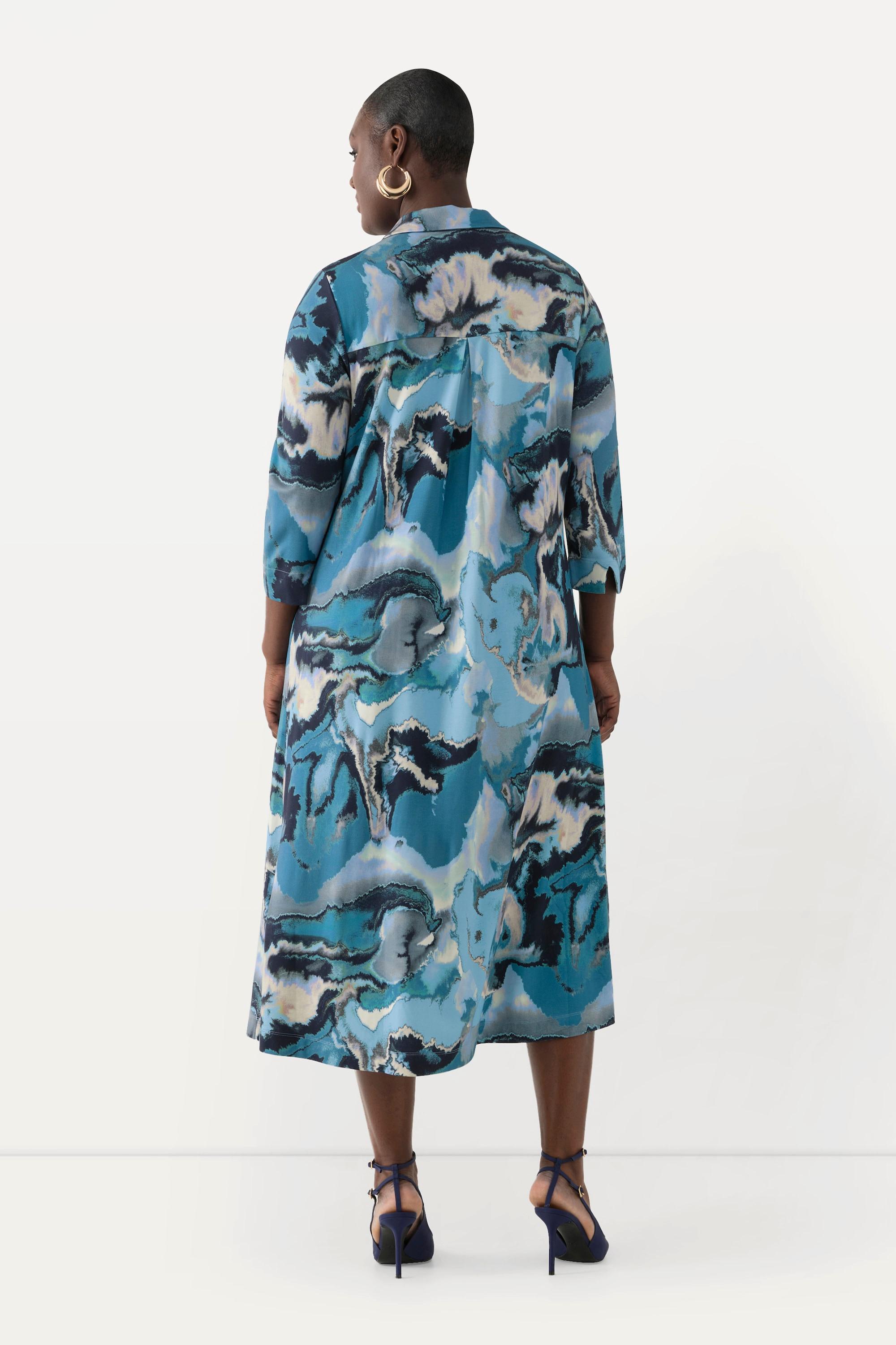 Ulla Popken Abito Punto di Roma Collo Camicia Maniche 3/4 Linea A  