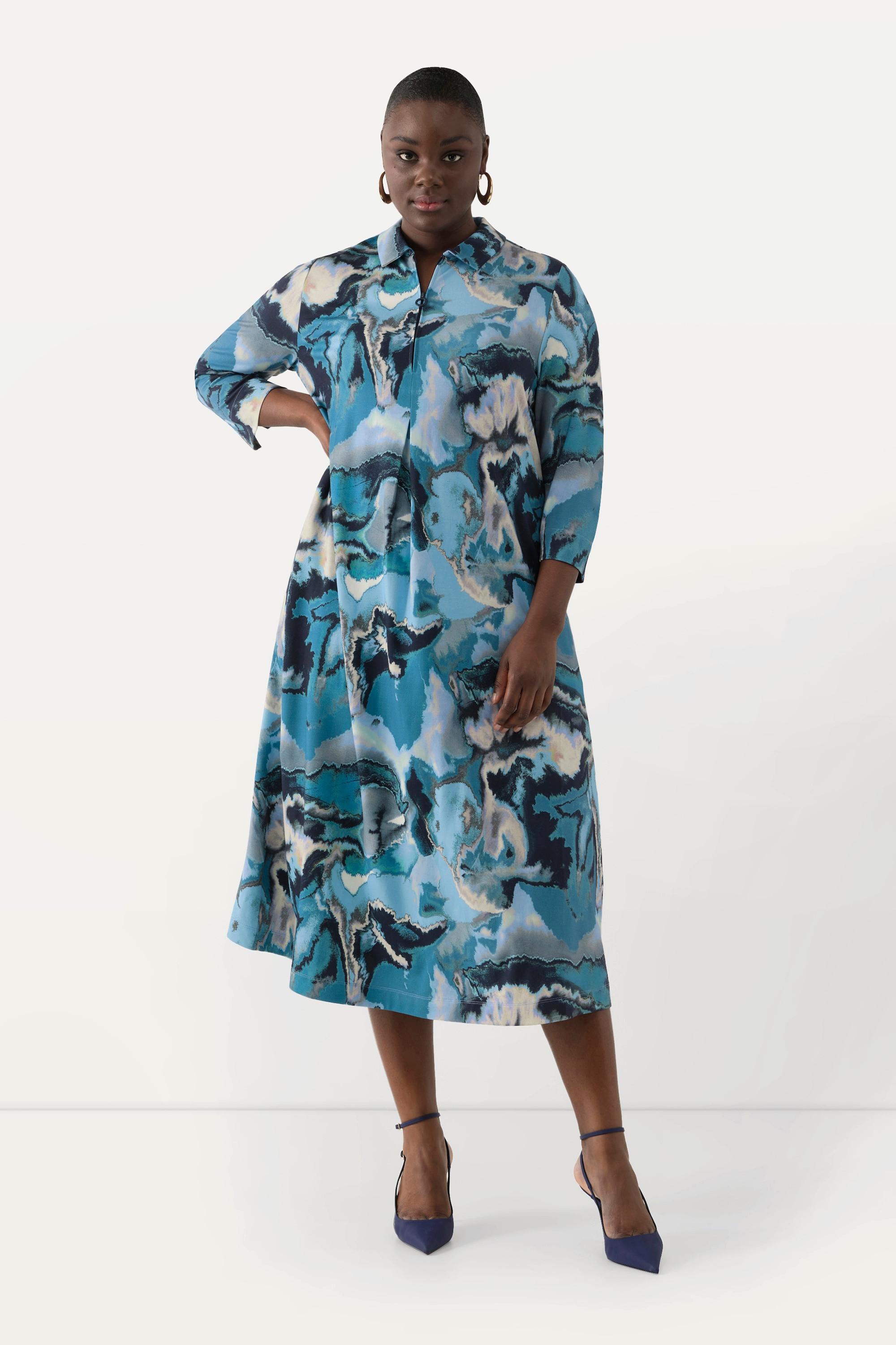 Ulla Popken Abito Punto di Roma Collo Camicia Maniche 3/4 Linea A  