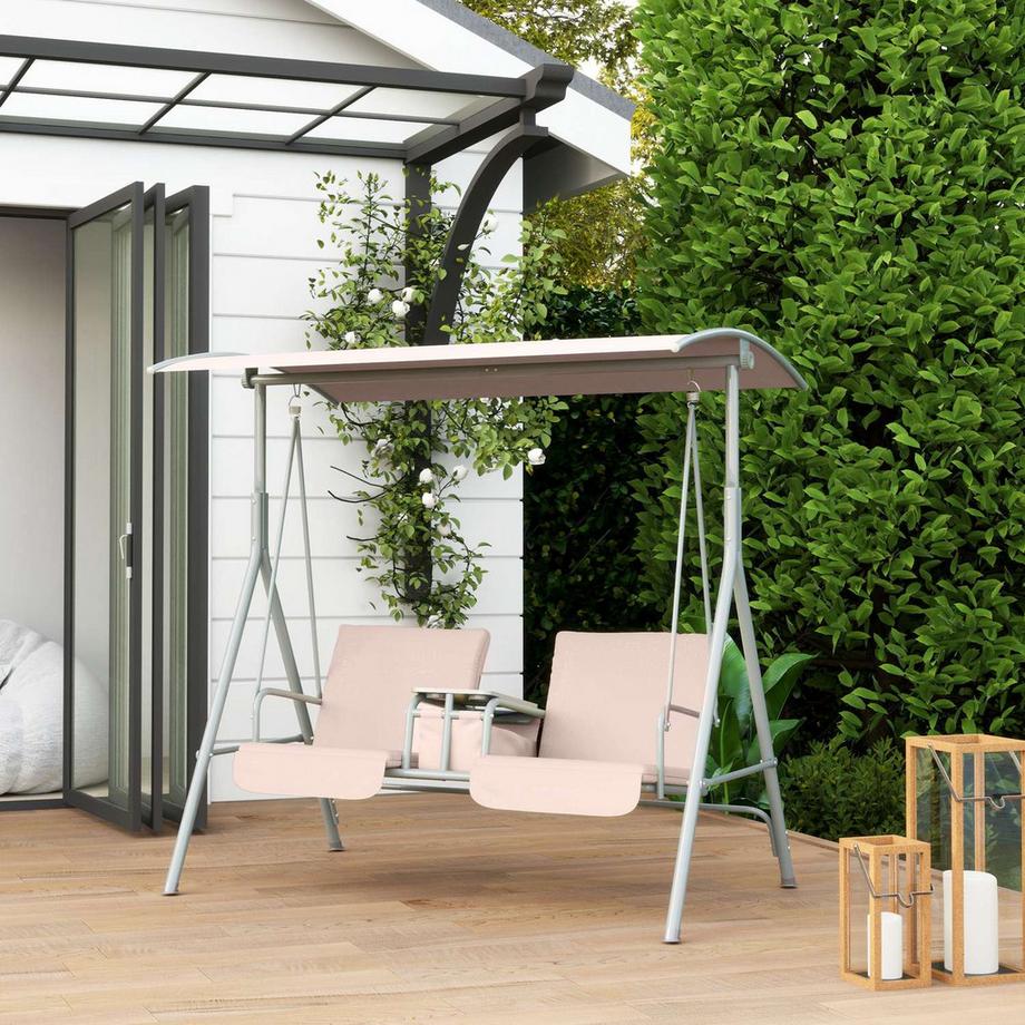 Northio Hollywoodschaukel mit Becherhalter und Seitentasche, 2-Sitzer Gartenschaukel mit Sonnendach, Schaukelbank belast bis 180 kg, Gartenliege für Garten, Terrasse, 175 x 112 x 165 cm, Beige Aosom  