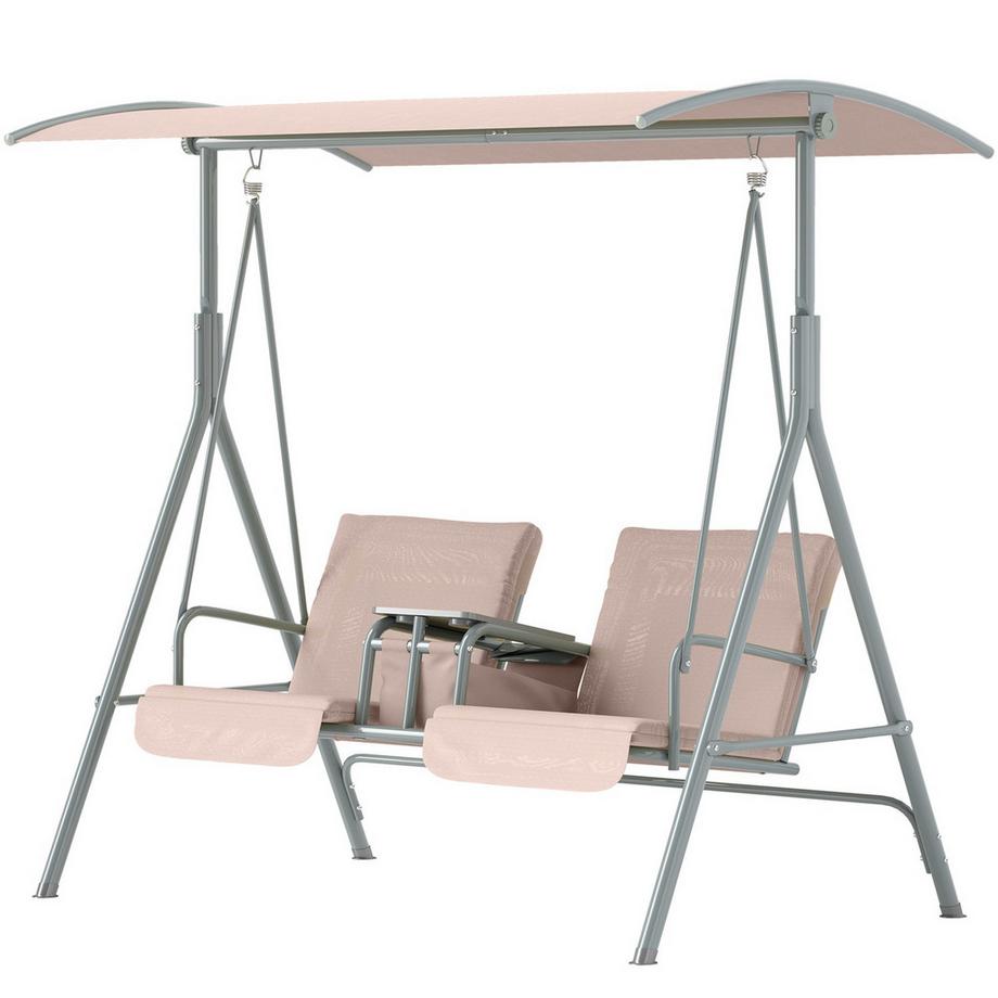 Hollywoodschaukel mit Becherhalter und Seitentasche, 2-Sitzer Gartenschaukel mit Sonnendach, Schaukelbank belast bis 180 kg, Gartenliege für Garten, Terrasse, 175 x 112 x 165 cm, Beige Aosom