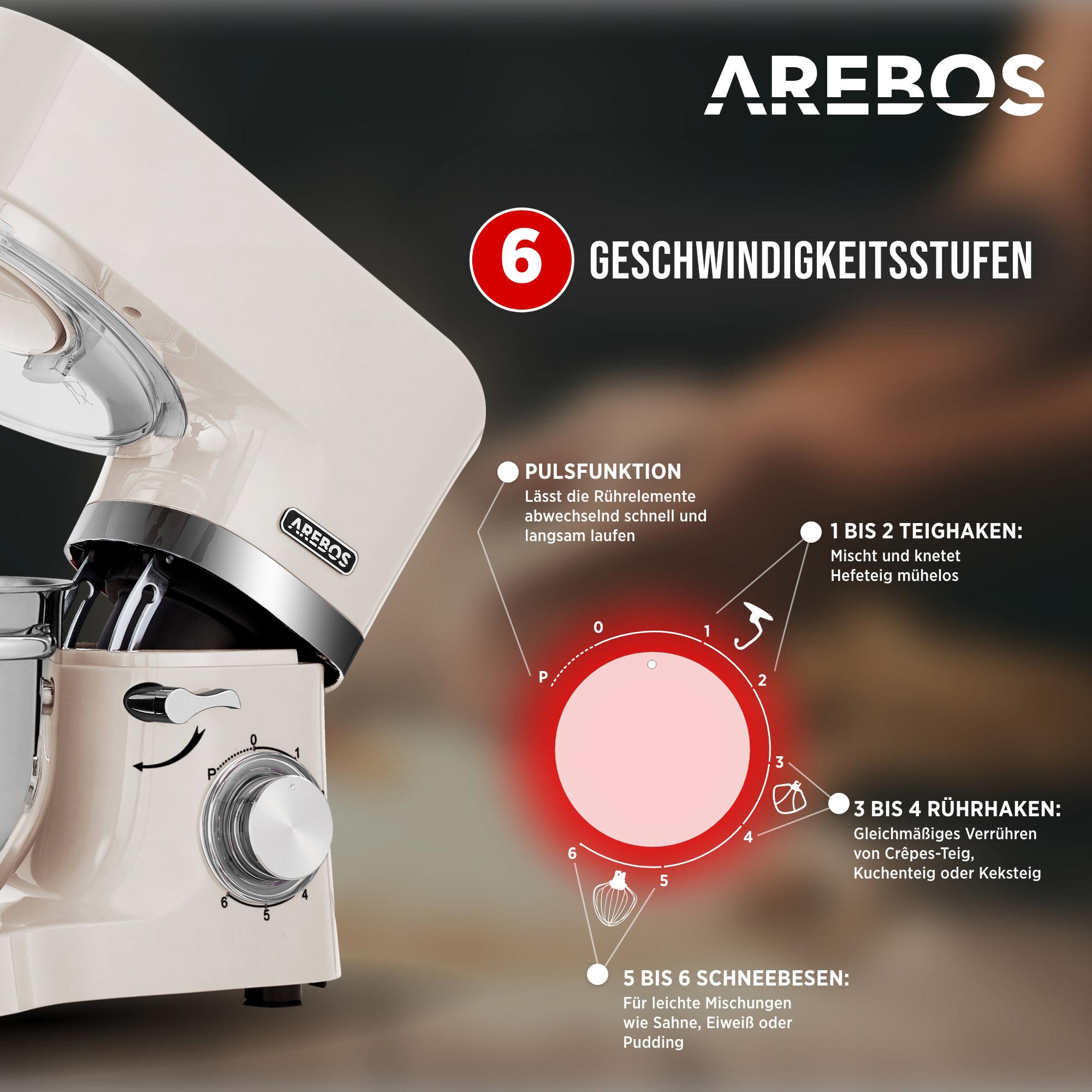 Arebos Robot de Cuisine 1500W avec 2x Acier inoxydable-Bol mélangeur 6 étapes  