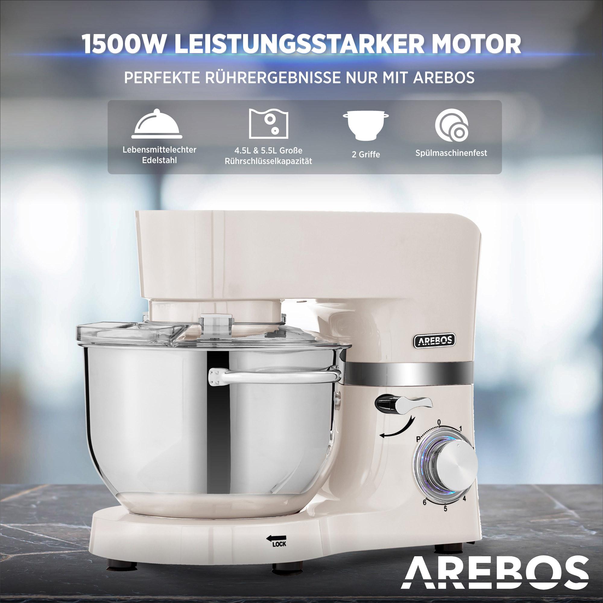 Arebos Robot de Cuisine 1500W avec 2x Acier inoxydable-Bol mélangeur 6 étapes  