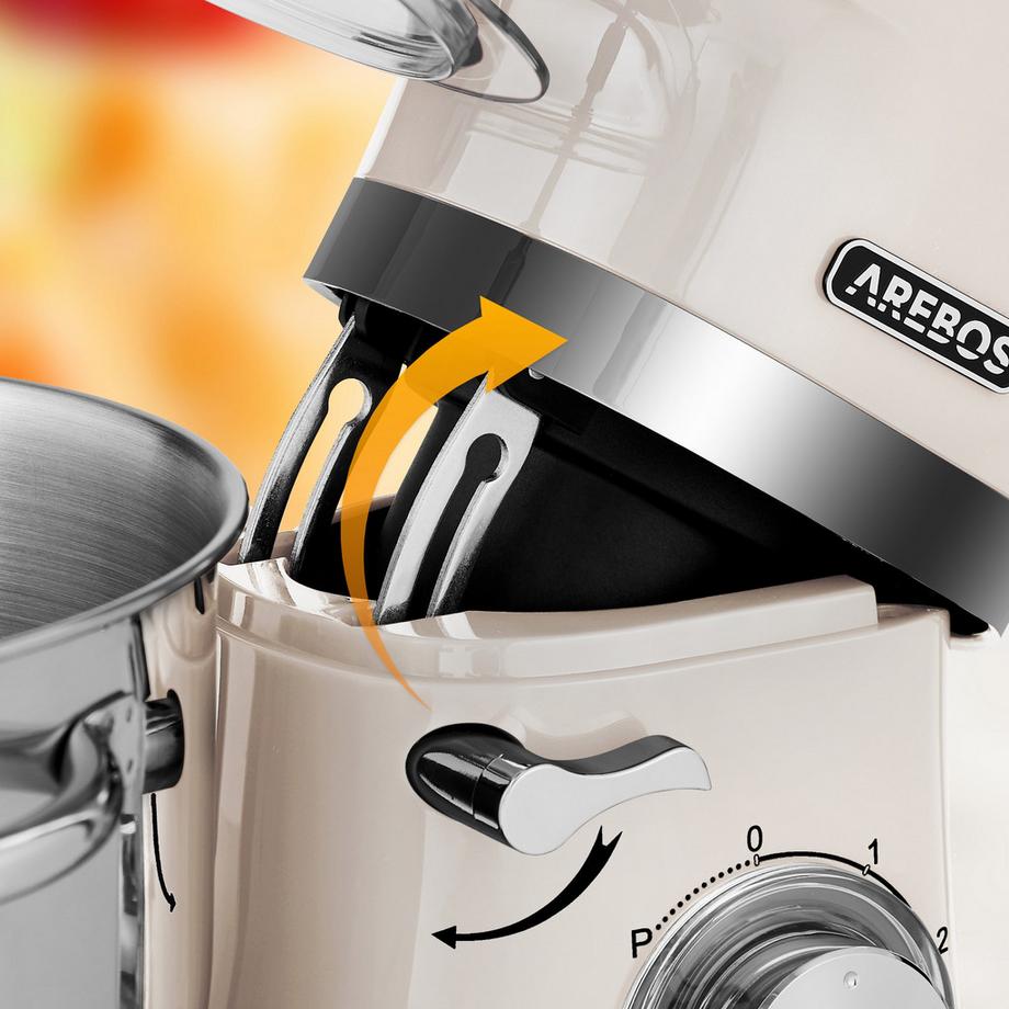 Arebos Küchenmaschine 1500W mit 2x Edelstahl-Rührschüsseln Geräuscharm 6 Stufen  