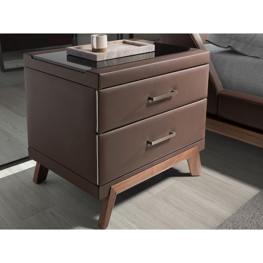 ANGEL CERDA Table de chevet en simili cuir, noyer avec plateau en verre noir  