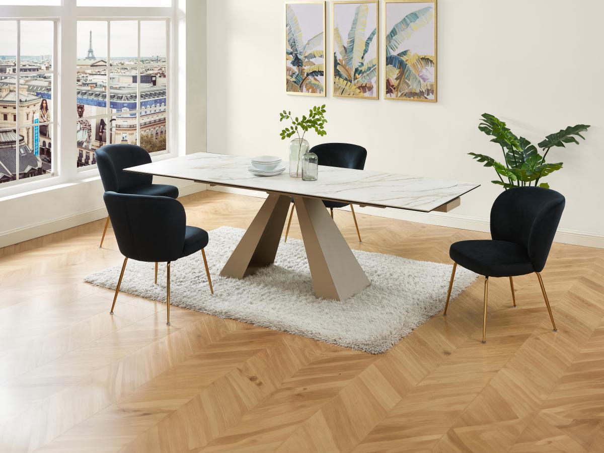 Maison Céphy Table à manger extensible 6 à 10 personnes en verre trempé, céramique et métal - Effet marbre blanc et beige - LOZIPA de Maison Céphy  
