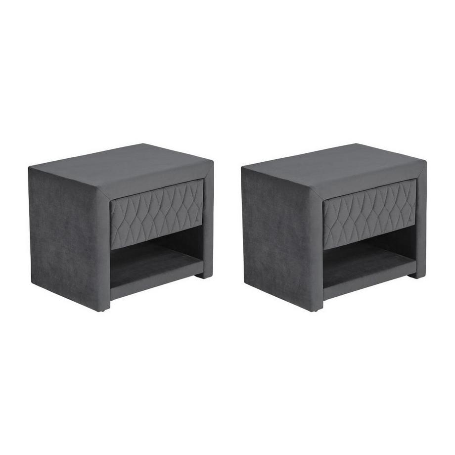 Lot de 2 tables de chevet - 1 tiroir et 1 niche - Tissu velours - Gris - DANIELE