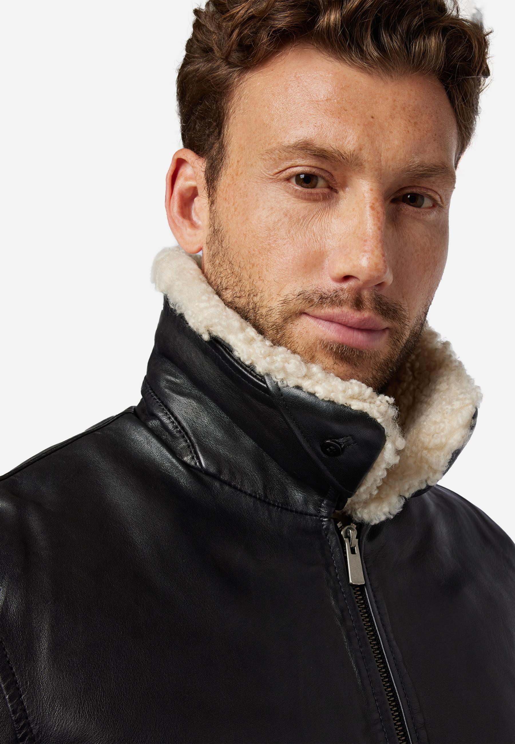 RICANO  Giacca in pelle da uomo M-Bomber - Giubbotto bomber con colletto in pelle di pecora 