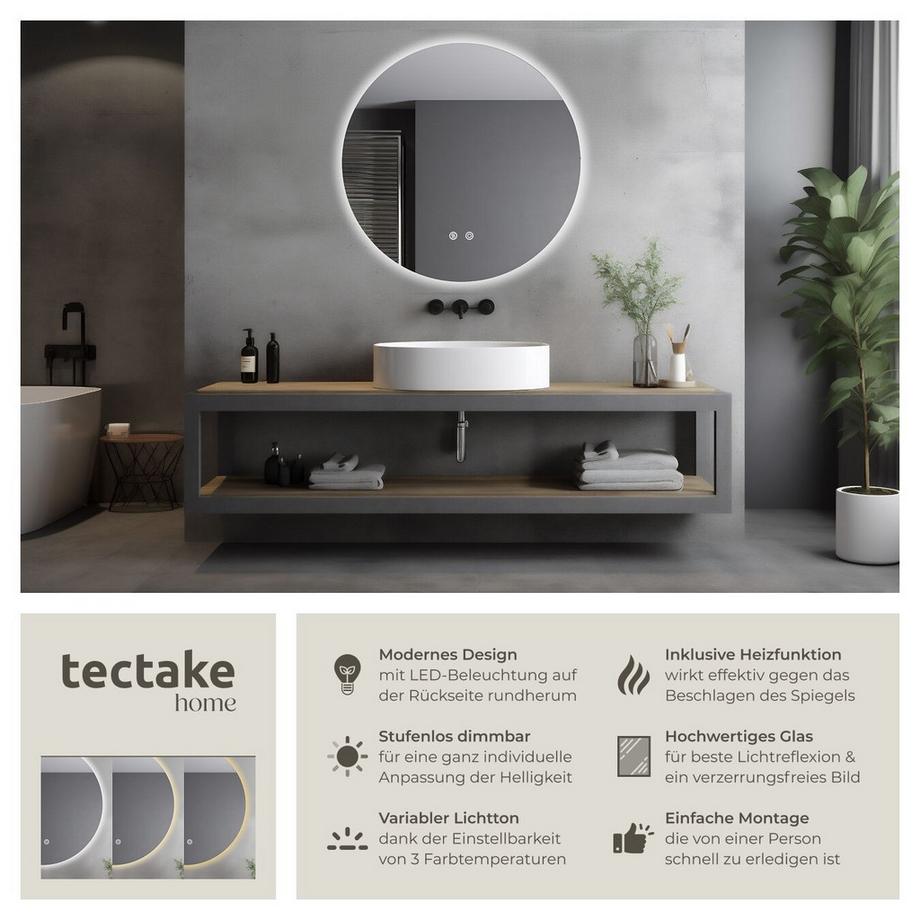 Tectake Miroir de salle de bain rond à LED AURORA design sans cadre en 3 tailles  