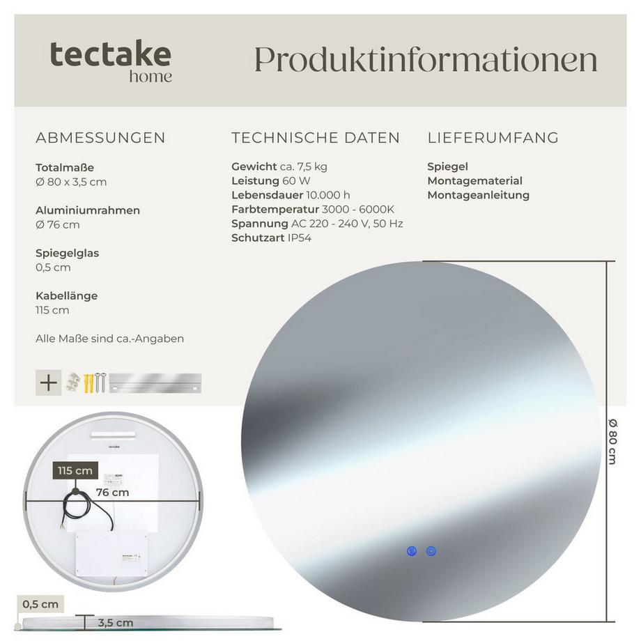 Tectake Miroir de salle de bain rond à LED AURORA design sans cadre en 3 tailles  