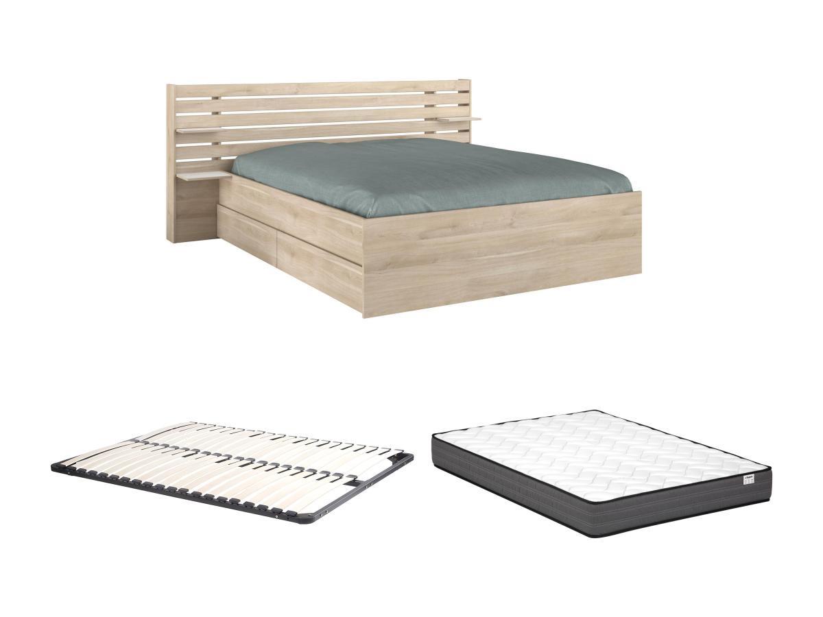 Vente-unique Lit 160 x 200 cm avec rangements - Coloris : Naturel + Sommier + Matelas - TENALIA II  