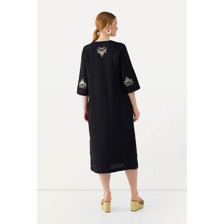 Ulla Popken  Robe maxi en lin avec fleurs brodées, col tunisien et manches 3/4 