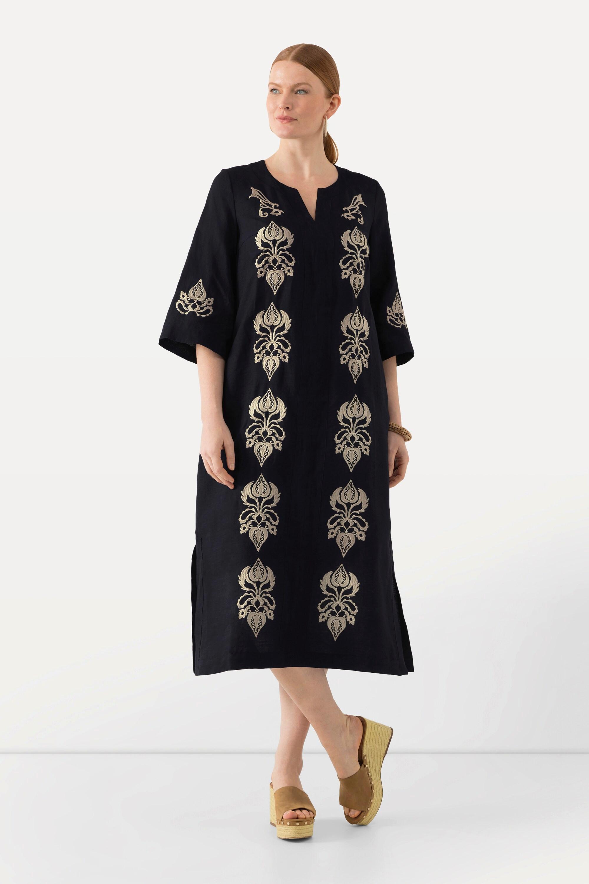 Ulla Popken  Robe maxi en lin avec fleurs brodées, col tunisien et manches 3/4 