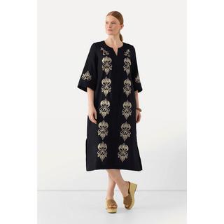 Ulla Popken  Robe maxi en lin avec fleurs brodées, col tunisien et manches 3/4 