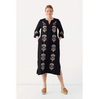 Ulla Popken  Robe maxi en lin avec fleurs brodées, col tunisien et manches 3/4 