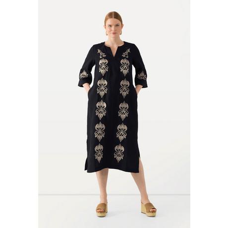 Ulla Popken  Robe maxi en lin avec fleurs brodées, col tunisien et manches 3/4 