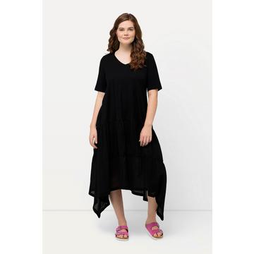 Robe midi en coton bio texturé, décolleté en V et manches courtes