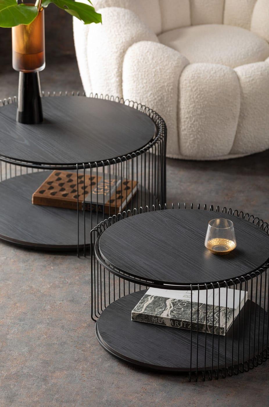 KARE Design Table basse Wire Double Wood noir (lot de 2)  