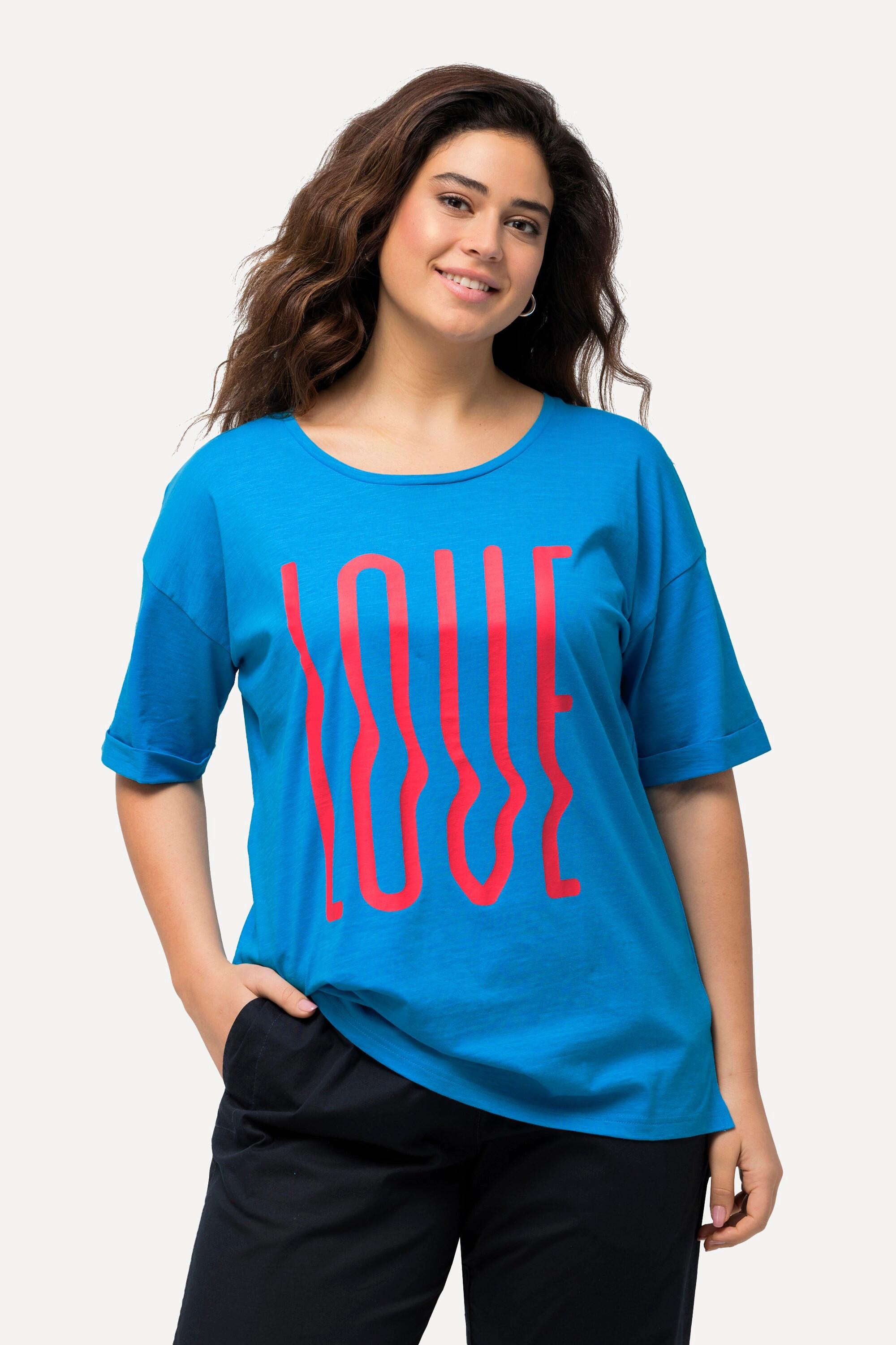 Ulla Popken  T-shirt dal taglio oversize con LOVE, scollo a girocollo e mezze maniche 