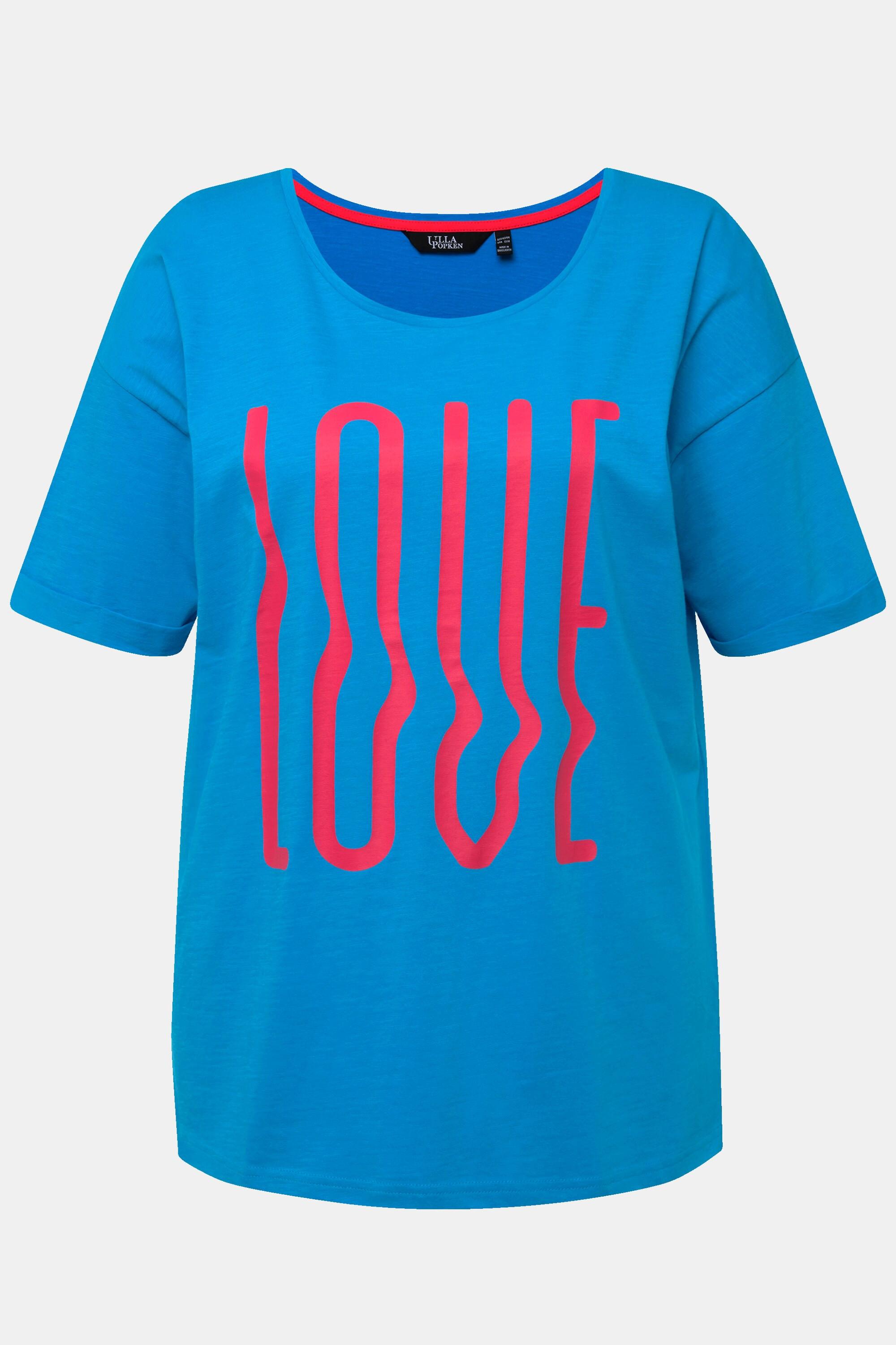 Ulla Popken  T-shirt dal taglio oversize con LOVE, scollo a girocollo e mezze maniche 