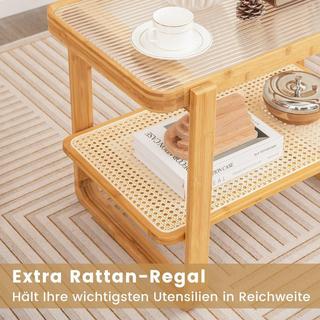 Northix Couchtisch mit Abnehmbarer Glasplatte & Rattanablage Kaffeetisch mit Gestell aus Bambus  