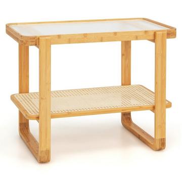 Couchtisch mit Abnehmbarer Glasplatte & Rattanablage Kaffeetisch mit Gestell aus Bambus