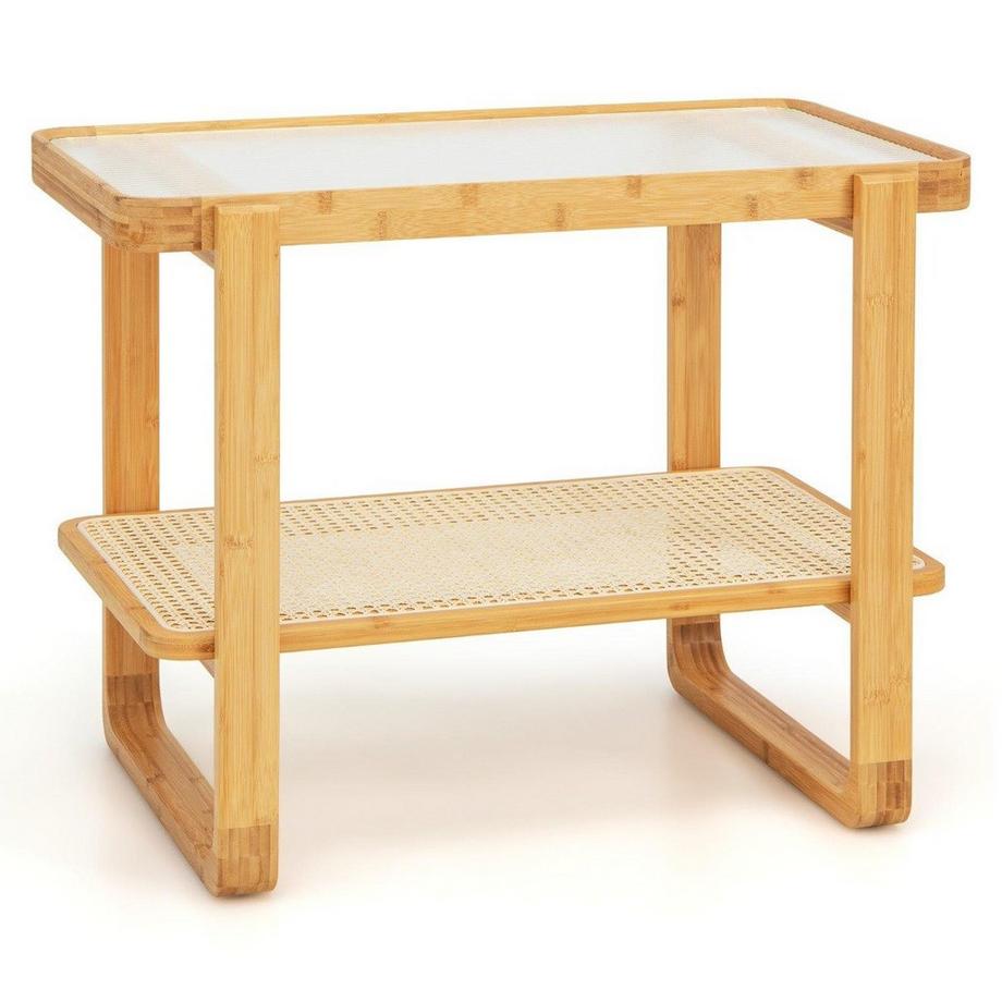 Tavolino con piano in vetro rimovibile e ripiano in rattan Tavolino con struttura in bambù