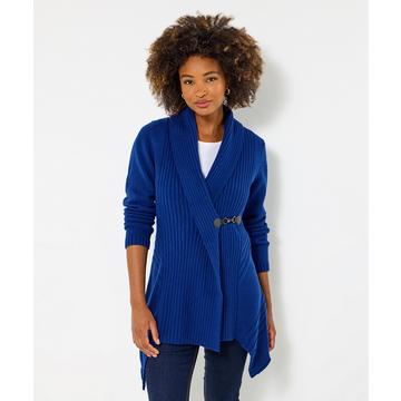 Asymmetrische Strickjacke mit Schalkragen und Schnalle