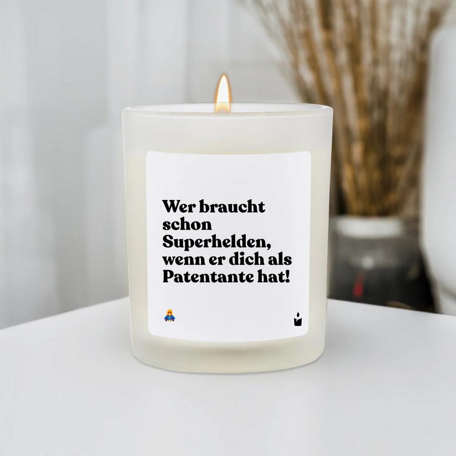 CandleHand Bougie parfumée blanche Woody Wer braucht schon Superhelden, wenn er dich als Patentante hat!  