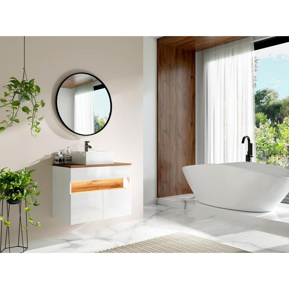 Vente-unique Mobile sotto lavabo sospeso a LED Bianco e Naturale scuro L80 cm POZEGA  