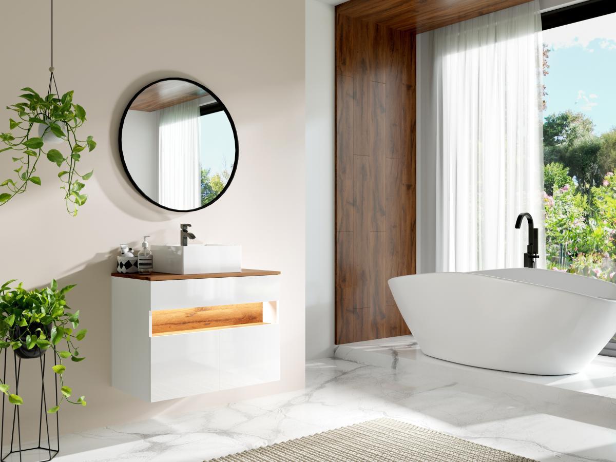 Vente-unique Mobile sotto lavabo sospeso a LED Bianco e Naturale scuro L80 cm POZEGA  