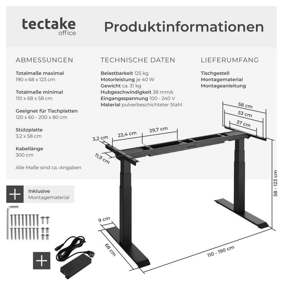 Tectake Telaio per scrivania Denis regolabile in altezza con 2 motori elettrici  