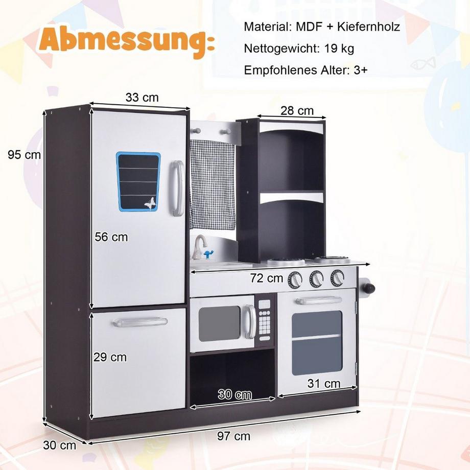 Northix  Kinderküche aus Holz Kinder Spielküche mit Kühlschrank & Viel Stauraum 97 x 30 x 95 cm Braun 