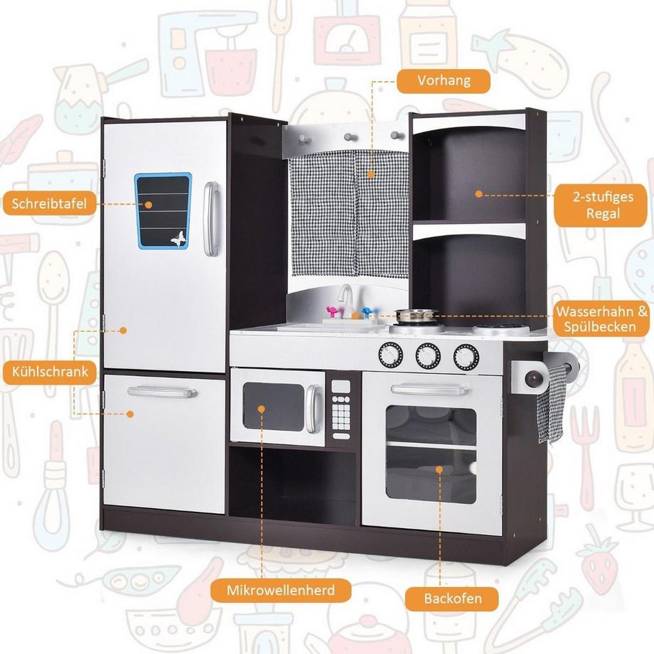 Northix  Kinderküche aus Holz Kinder Spielküche mit Kühlschrank & Viel Stauraum 97 x 30 x 95 cm Braun 