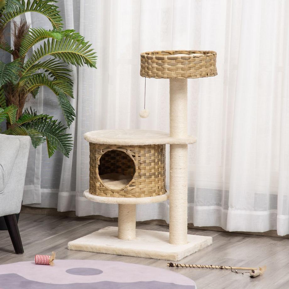 Northio  Kratzbaum Rattan Katzenbaum, Kletterbaum Mit Katzenhöhle & Sisalstämmen, Spielbälle, 95Cm, Sisal Natur+Beige 