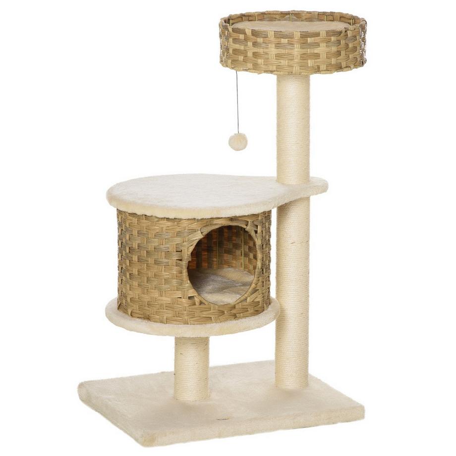 Northio  Kratzbaum Rattan Katzenbaum, Kletterbaum Mit Katzenhöhle & Sisalstämmen, Spielbälle, 95Cm, Sisal Natur+Beige 