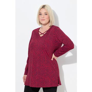 Maglia dal taglio lungo con fantasia leopardata, scollo a V, laccetti e maniche lunghe