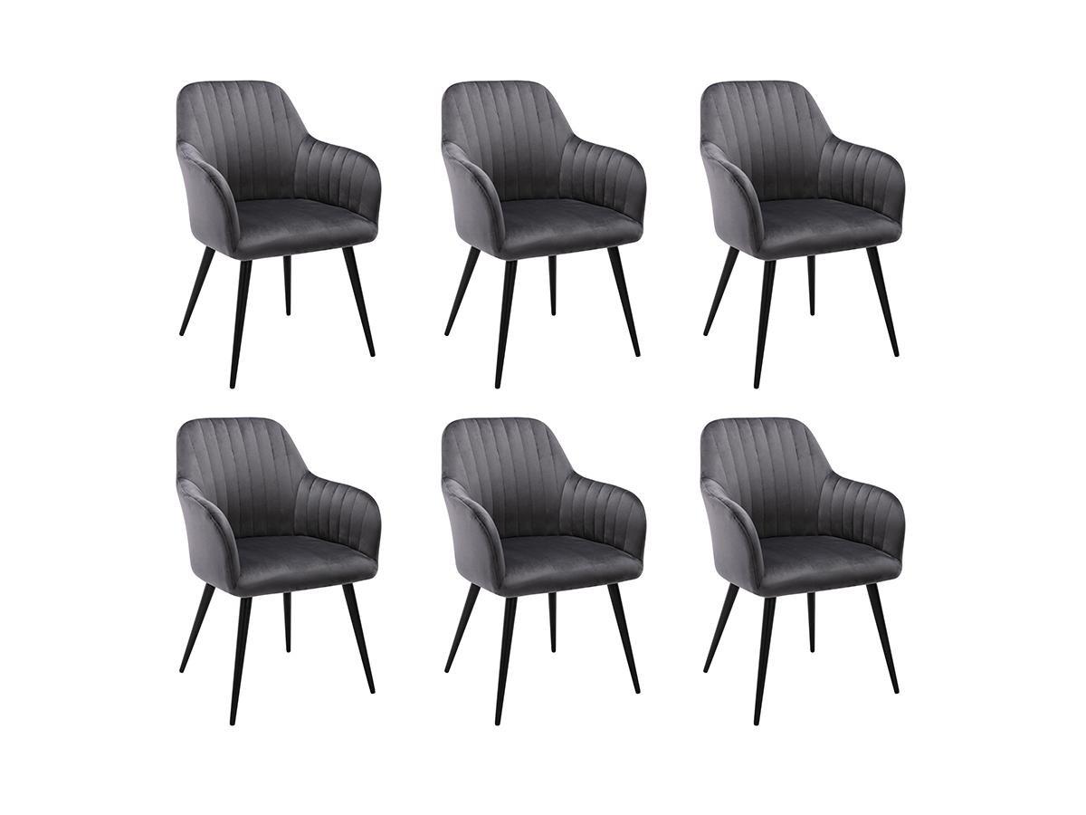 Vente-unique Lot de 6 chaises avec accoudoirs en velours et métal noir - Gris - ELEANA  