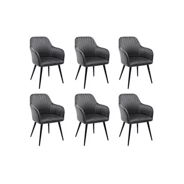 Lot de 6 chaises avec accoudoirs en velours et métal noir - Gris - ELEANA